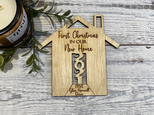 New Home First Christmas Ornament - Personalized with address and Engraved Out of Wood