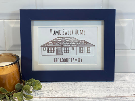 Hand-Drawn and Shiny Custom Home Drawing in Frame